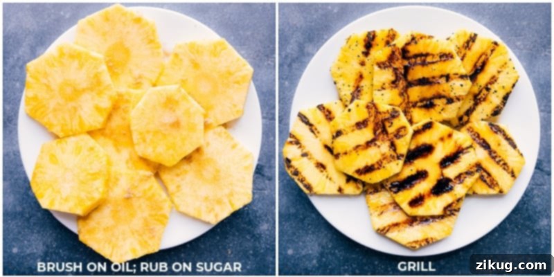 Process images showing fresh pineapple slices being grilled, developing char marks and caramelization.