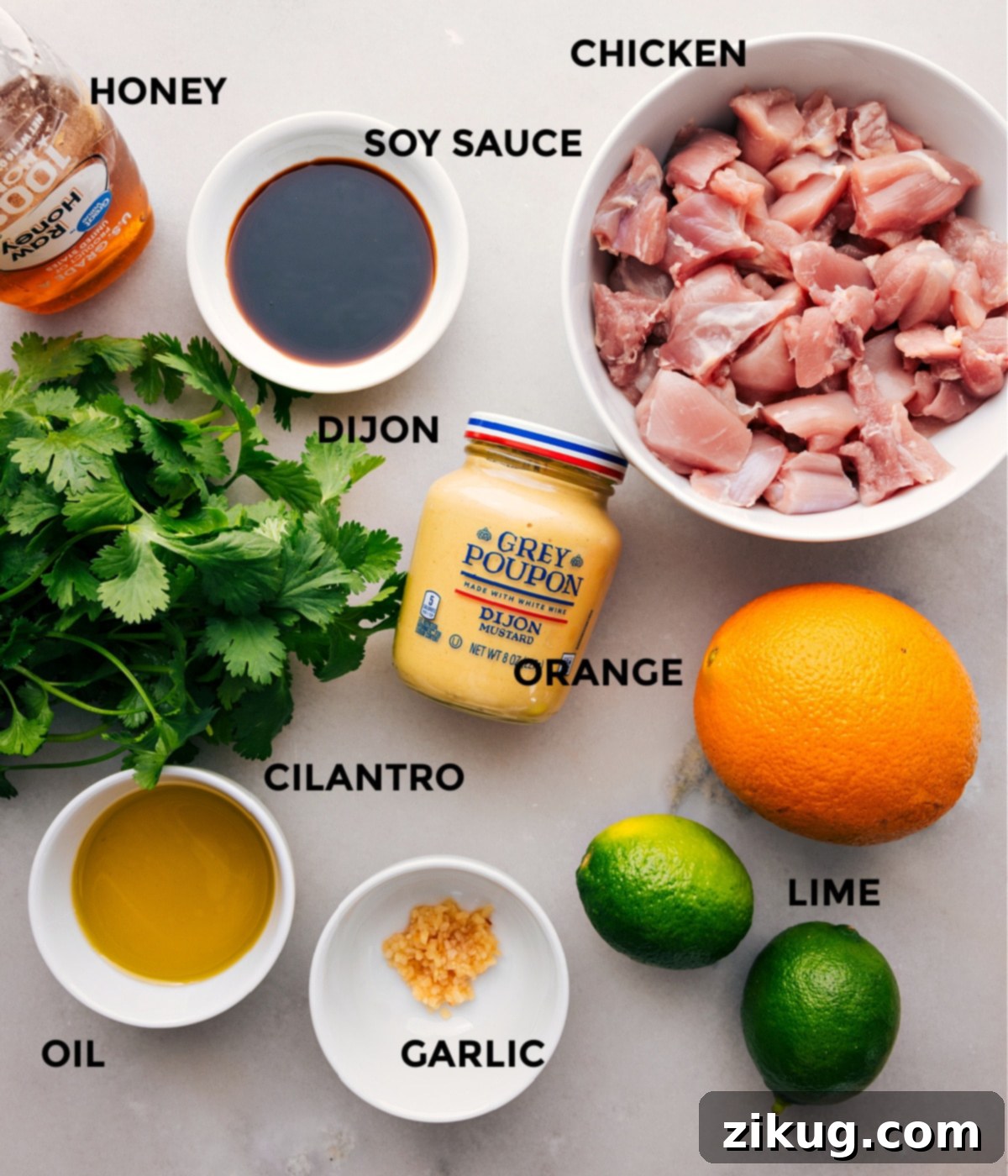 All the fresh ingredients for the Citrus Chicken Marinade, including oranges, limes, cilantro, honey, soy sauce, and garlic, prepped and ready for blending.