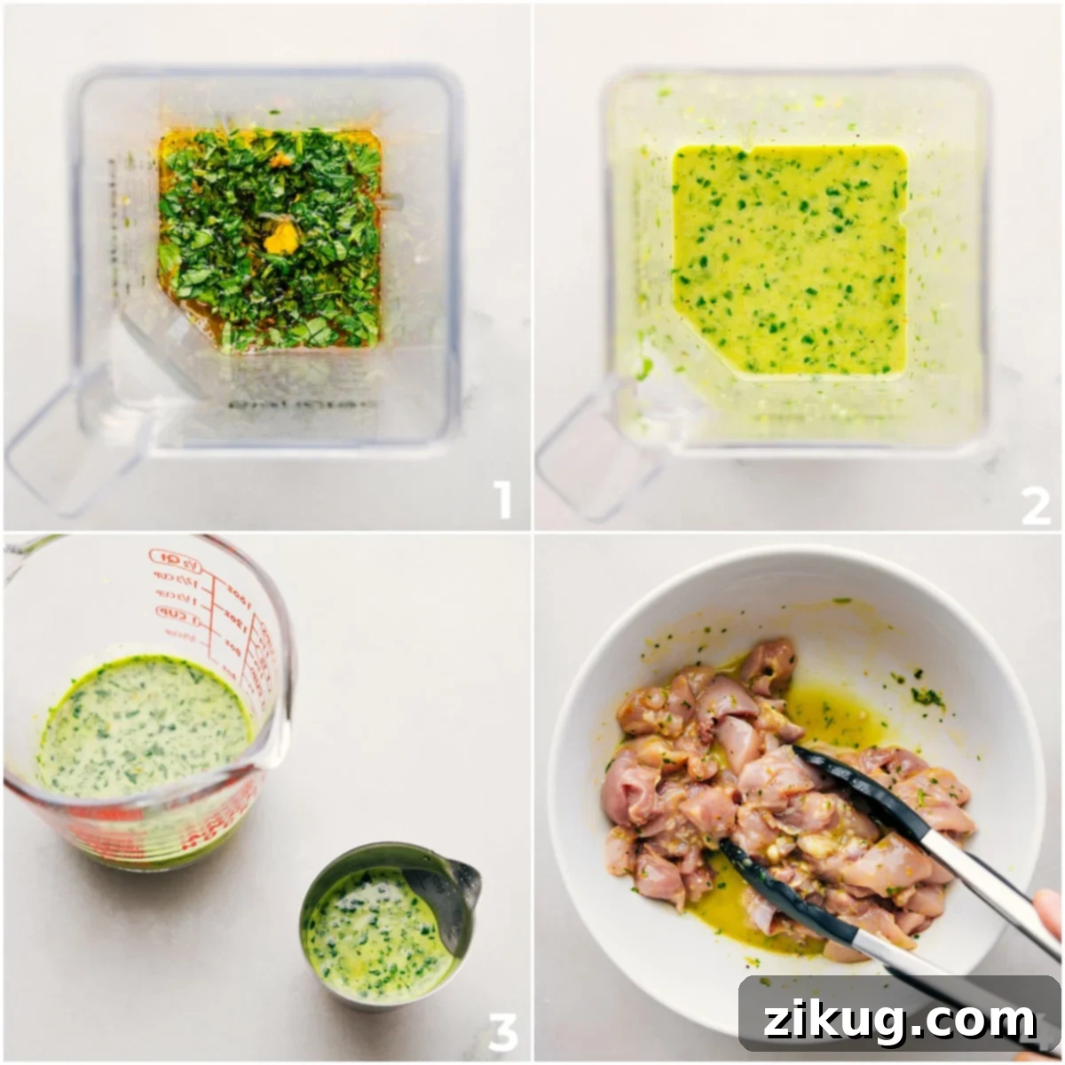 The vibrant citrus chicken marinade is perfectly blended in a high-speed blender, ready to be poured over fresh chicken for optimal flavor infusion.