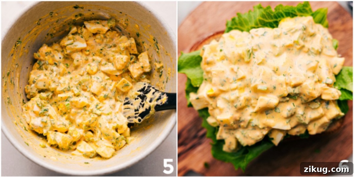 The Best High Protein Lunch: Egg Salad Generously top the soft, fresh bread with the creamy and flavorful egg salad mixture.