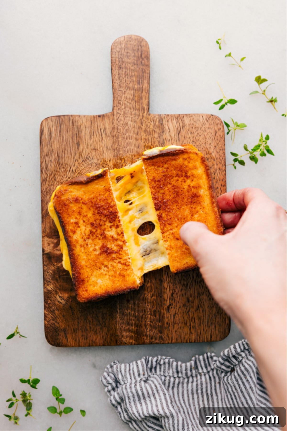 A close-up of a perfectly grilled cheese sandwich, highlighting its golden crust and delicious melted cheese, ready to be enjoyed.