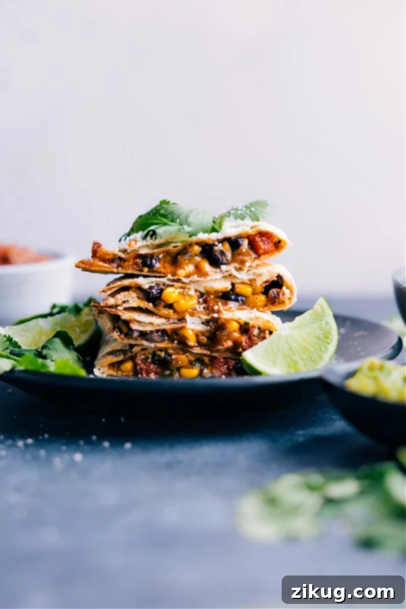 Delicious and Simple Black Bean Quesadillas Crisp Black Bean Quesadillas cut into triangles and neatly arranged on a plate with fresh cilantro.