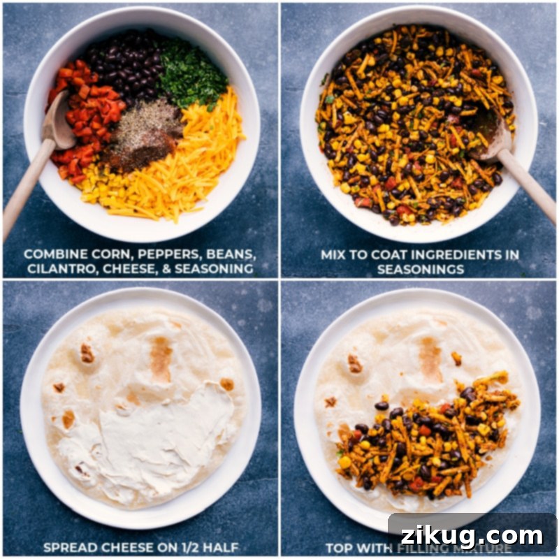 Step-by-Step Guide: How To Make Black Bean Quesadillas A visual guide showing steps to make black bean quesadillas: combining ingredients in a bowl, spreading Laughing Cow cheese on a tortilla, and topping with the black bean mixture.