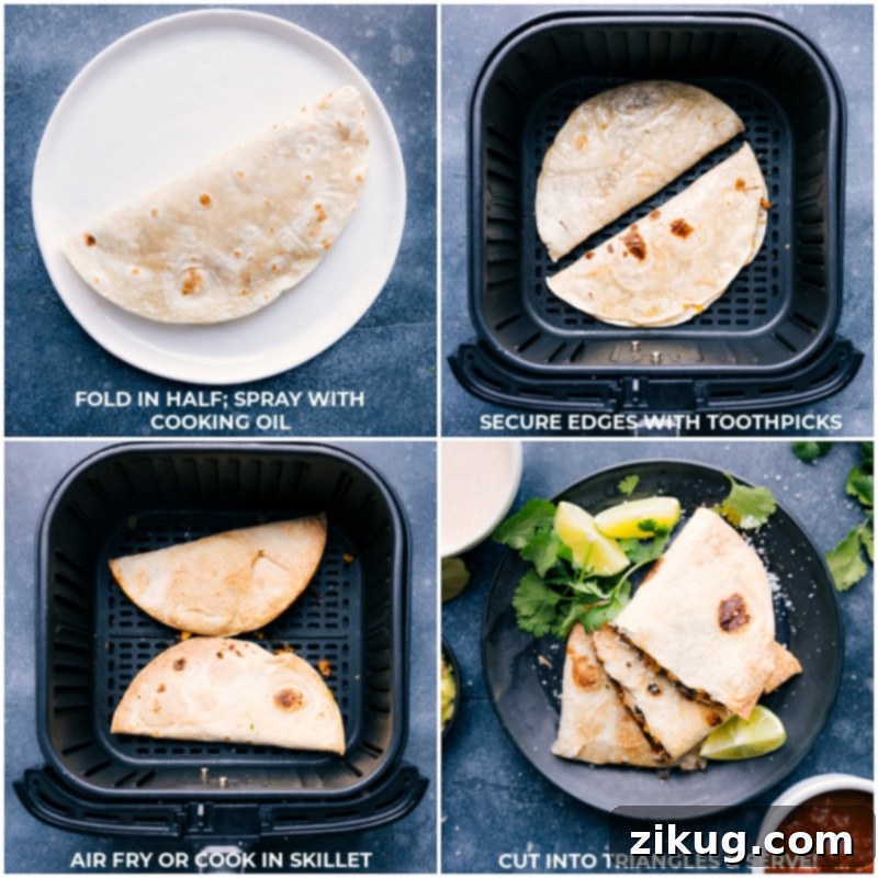 Air Fryer Black Bean Quesadillas Preparation Steps for cooking black bean quesadillas in an air fryer: filling, folding, securing with toothpicks, air frying, and finally slicing into quarters.