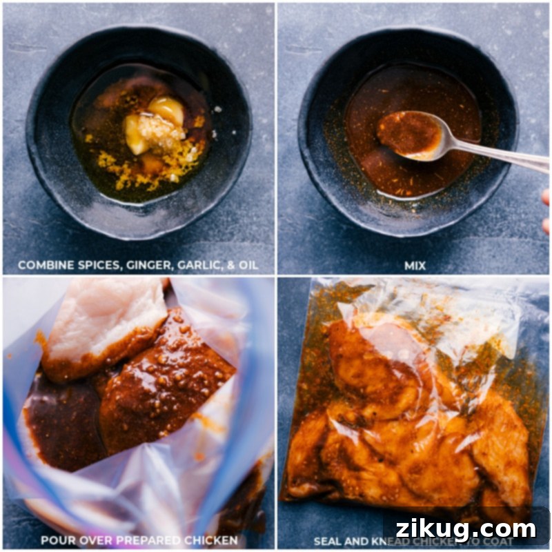This Moroccan Chicken recipe is truly the best! Experience robustly seasoned chicken atop a veggie-packed couscous, all crowned with a delicious apricot finishing sauce. A quick, easy, and fresh meal from Chelsea's Messy Apron, perfect for meal prep or grilling. Process shots of Moroccan Chicken showing marinade being prepared and added to chicken for coating