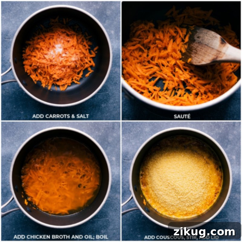 This dish truly has it all – perfectly seasoned Moroccan Chicken atop a rich, veggie-packed couscous, all complemented by an exquisite apricot finishing sauce! An easy, fresh, and delicious dinner recipe from Chelsea's Messy Apron, ideal for grilling or quick meals. Process shots of couscous preparation, showing carrots, salt, chicken broth, oil, and couscous being added and mixed together