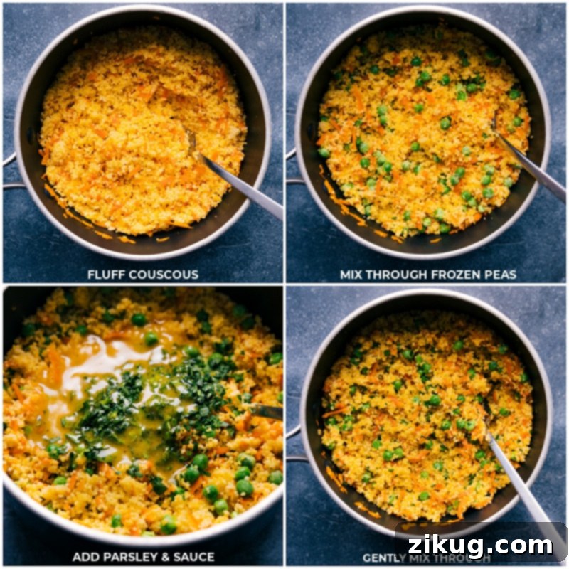 This incredible dish features perfectly seasoned Moroccan Chicken atop a delightful, veggie-packed couscous, all brought together with a delicious apricot finishing sauce! An amazing recipe from Chelsea's Messy Apron – fresh, easy, and ideal for grilling or quick meals. Process shots of couscous being fluffed, frozen peas, fresh parsley, and apricot sauce being poured over it all and everything being mixed through