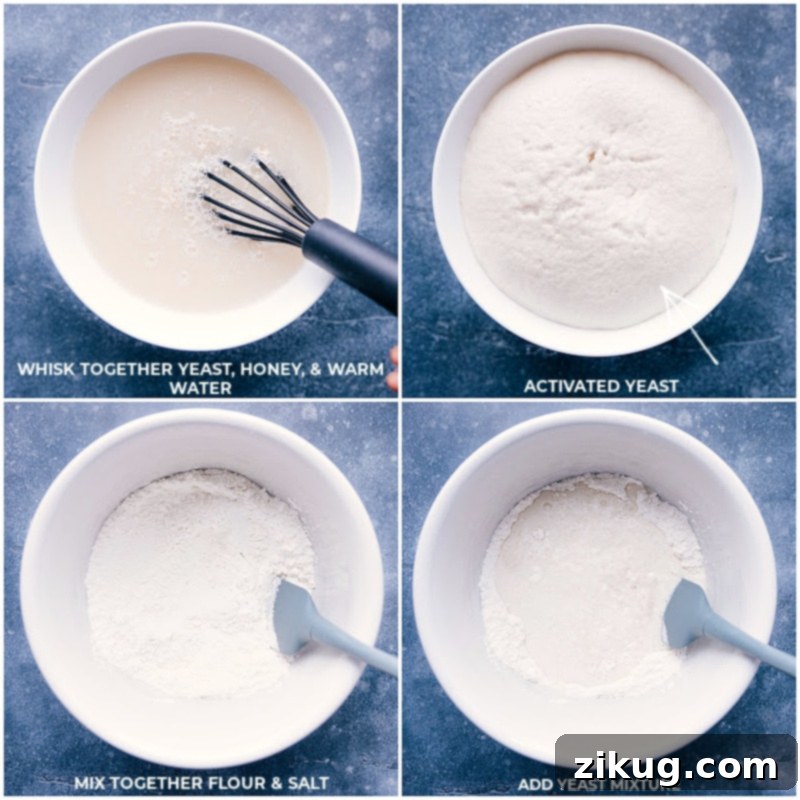 Focaccia ingredients: yeast, honey, and warm water combined in a glass bowl, beginning to foam, alongside flour and salt.