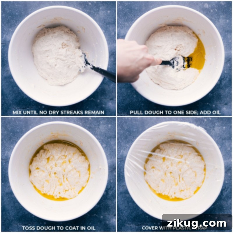 The process of mixing focaccia dough, adding olive oil, and covering the bowl with plastic wrap for its initial rise.