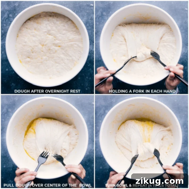 The focaccia dough after its first rise, shown being gently folded and shaped into a cohesive ball before being placed in the final baking pan.