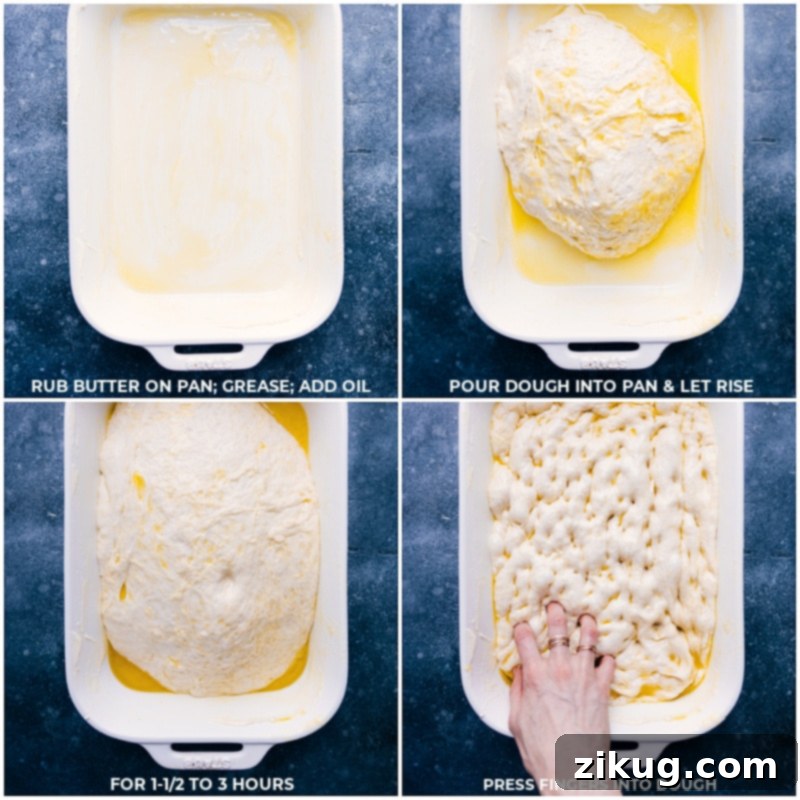Step-by-step photos of focaccia preparation: greasing the pan, carefully placing the risen dough, and creating traditional dimples with fingers for its iconic texture.