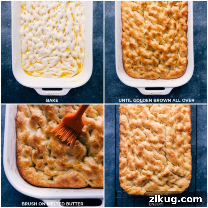 A series of process images showing the focaccia being baked to a perfect golden brown, followed by a close-up of melted butter being artfully brushed over the warm, fragrant bread.