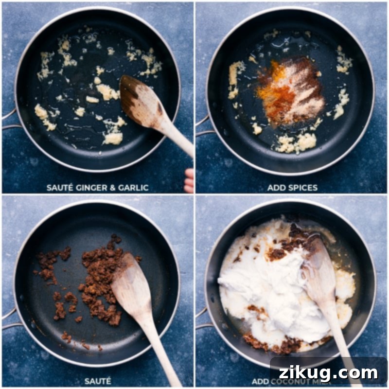 Step-by-step process shots for Garam Masala Chicken: sautéing ginger and garlic, adding various spices to the pan, and finally pouring in coconut milk to create the sauce.