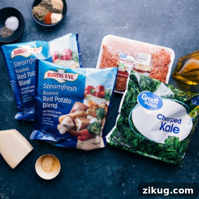 Essential Ingredients for an Easy & Flavorful Sausage And Veggie Skillet Recipe: Fresh & Frozen Options A flat lay photograph of all the fresh ingredients for the Sausage and Veggie Skillet, including Italian sausage, frozen vegetable bags, herbs, and Parmesan cheese