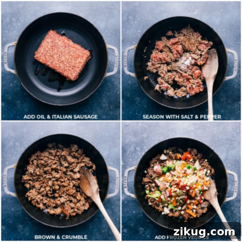 Sausage and Veggie Skillet Cooking Steps: Browning Sausage & Adding Frozen Vegetables for a Quick Meal Step-by-step process of cooking the Sausage and Veggie Skillet: browning Italian sausage, seasoning it, and adding the thawed frozen vegetables to the pan