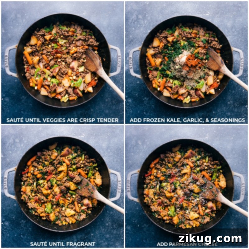 Sausage and Veggie Skillet Final Steps: Sautéing, Seasoning, and Adding Parmesan for Optimal Flavor Further cooking steps for the Sausage and Veggie Skillet: sautéing vegetables, incorporating kale, garlic, and spices, and finally stirring in Parmesan cheese for a delicious finish