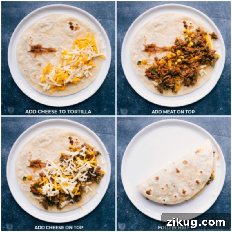 The secret to spectacular quesadillas: layers of seasoned ground beef, crisp corn, sweet bell pepper, and gooey melted cheese, all within a crispy tortilla. Recipe via ChelseasMessyApron #dinner #quick #easy #simple #healthy #lunch #cheese #familyfriendly #kidfriendly #corn #groundbeef #quesadilla Process shots demonstrating quesadilla assembly: cheese spread on a tortilla, seasoned ground beef layered, and topped with more cheese before folding, for a perfect melt.