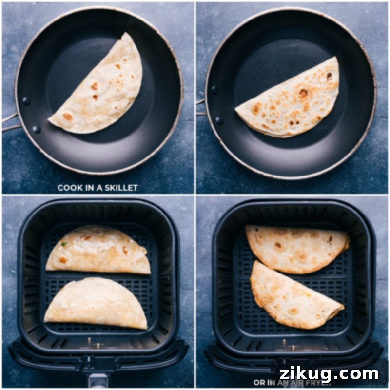 Comparing cooking methods for Ground Beef Quesadillas: skillet vs. air fryer for different levels of crispness and melted cheese perfection. Recipe via ChelseasMessyApron #dinner #quick #easy #simple #healthy #lunch #cheese #familyfriendly #kidfriendly #corn #groundbeef #quesadilla Two Ground Beef Quesadillas cooking simultaneously: one in a non-stick skillet for classic golden browning, and another in an air fryer for extra crispness, illustrating versatile cooking methods.