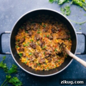 Beautifully plated One-Pot Meatballs and Rice, ready to be served, garnished with fresh herbs.
