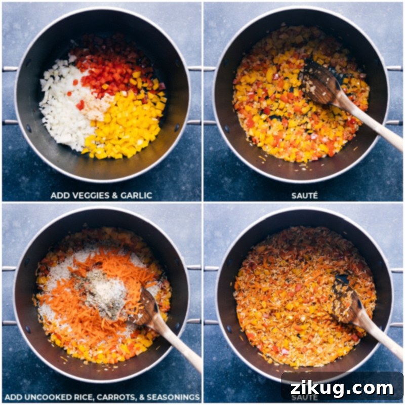 The process of making One-Pot Meatballs and Rice: Sautéing a blend of colorful veggies, aromatic garlic, light Basmati rice, carrots, and a spectacular spice blend. This delicious, easy, and family-friendly meal is sure to be a hit with kids and adults alike! #dinner #quick #easy #comfortfood #familyfriendly #kidfriendly #meatballs #rice Process shots of One-Pot Meatballs and Rice showing various fresh vegetables, minced garlic, dry Basmati rice, and a blend of aromatic seasonings being sautéed in a large pot before liquid is added.