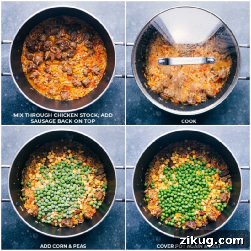 This incredibly delicious one-pot Meatballs and Rice is amazing! Featuring perfectly tender mini meatballs, fluffy rice, abundant vegetables, and a spectacular spice blend. Sure to be a hit with kids and adults alike! #dinner #quick #easy #comfortfood #familyfriendly #kidfriendly #meatballs #rice Process shots of the one-pot Meatballs and Rice cooking in a large pot, followed by the addition of frozen corn and peas during the final steaming phase.