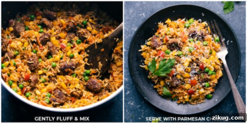 This One-Pot Meatballs and Rice is downright delicious and ready to serve! A perfect family-friendly, quick, and easy comfort food dinner. Recipe via ChelseasMessyApron #dinner #quick #easy #comfortfood #familyfriendly #kidfriendly #meatballs #rice Process shots showing the finished One-Pot Meatballs and Rice being gently fluffed with a fork and garnished with fresh herbs, indicating it's ready to be served and enjoyed.