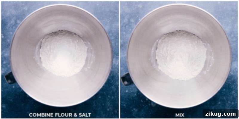 Combining flour and salt in a stand mixer for French bread dough Flour and salt being added to a stand mixer bowl, preparing for dough mixing