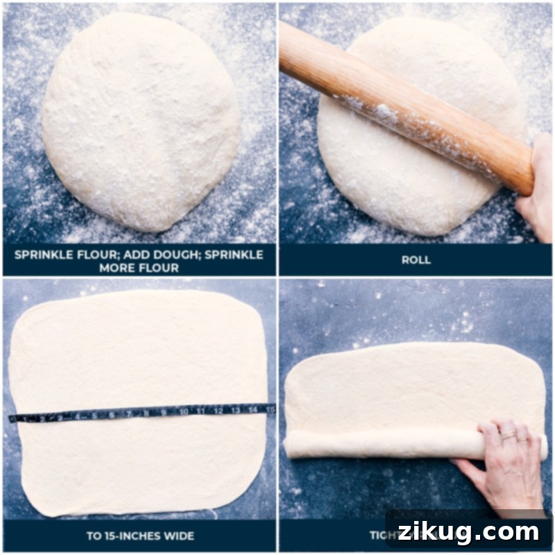Shaping the French bread dough: flouring, rolling, and forming a tight loaf Process shots of French bread dough being sprinkled with flour, rolled out, and then tightly rolled into a loaf shape