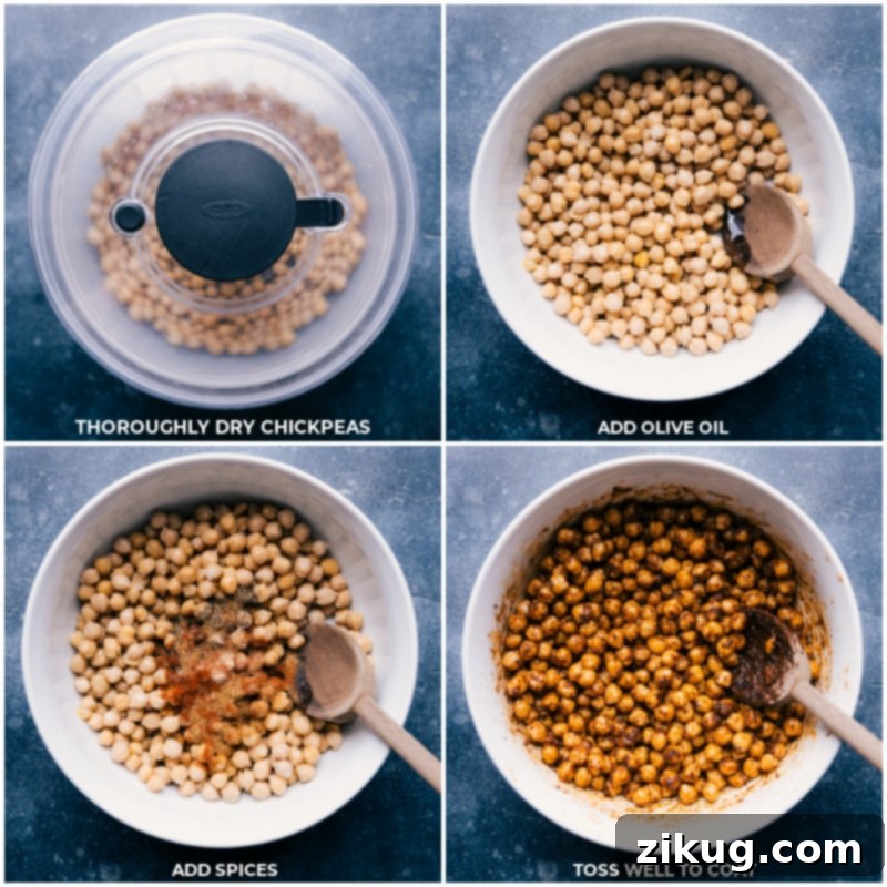 A three-panel process image showing chickpeas being drained and dried, then mixed with olive oil and a vibrant blend of spices in a medium bowl.