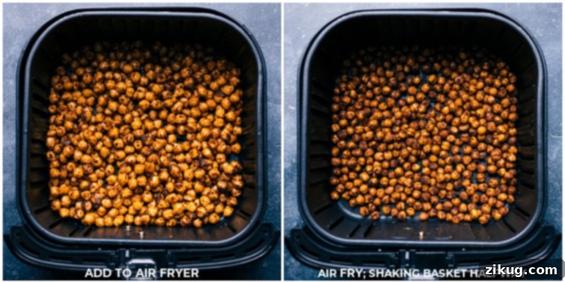 Process shot of seasoned chickpeas being placed in a single layer into an air fryer basket, ready for cooking.
