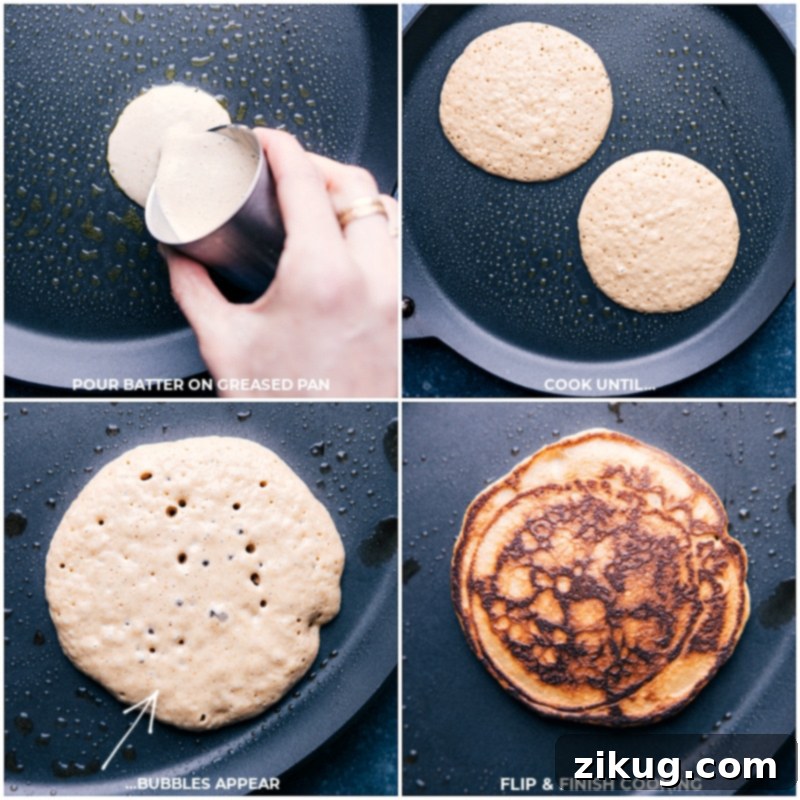 These Healthy Pancakes have a wonderful crisp exterior with perfectly soft & chewy interiors. They're made with better-for-you ingredients without sacrificing texture or flavor! Throw everything into a blender and give it a whirl -- pancake batter ready! Recipe via ChelseasMessyApron #breakfast #quick #easy #simple #dessert #cleaningredients #familyfriendly #kidfriendly #brunch #healthy #pancakes Process shots of healthy pancakes showing batter being poured onto a prepared hot pan, cooking, and being flipped to golden perfection.