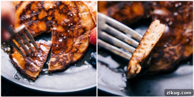 These Healthy Pancakes have a wonderful crisp exterior with perfectly soft & chewy interiors. Recipe via ChelseasMessyApron #breakfast #quick #easy #simple #dessert #cleaningredients #familyfriendly #kidfriendly #brunch #healthy #pancakes Close-up image of a bite being taken out of a healthy pancake, showcasing its fluffy interior.