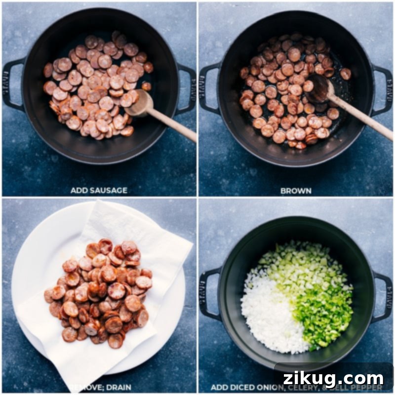 Process shots for Speedy Red Beans and Rice: Brown Andouille sausage, then sauté the Holy Trinity (onion, celery, bell pepper) in the same pan for maximum flavor. Step-by-step process of browning Andouille sausage, draining fat, and sautéing onions, celery, and bell pepper in the same pan.
