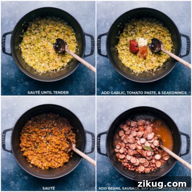 Building Flavor: Sauté garlic, tomato paste, and spices before adding red beans, sausage, bay leaf, and broth to the pot for simmering. Process shots: adding garlic, tomato paste, and a blend of Cajun seasonings to sautéed vegetables, followed by red beans, sausage, bay leaf, and chicken broth.