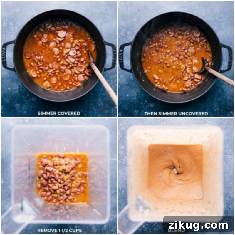 Achieving Creaminess: Simmer the Red Beans and Rice, then blend a portion of the mixture to naturally thicken the sauce. Process shots: the pot of red beans and sausage simmering, then a portion being removed and blended to thicken the sauce for a creamy consistency.