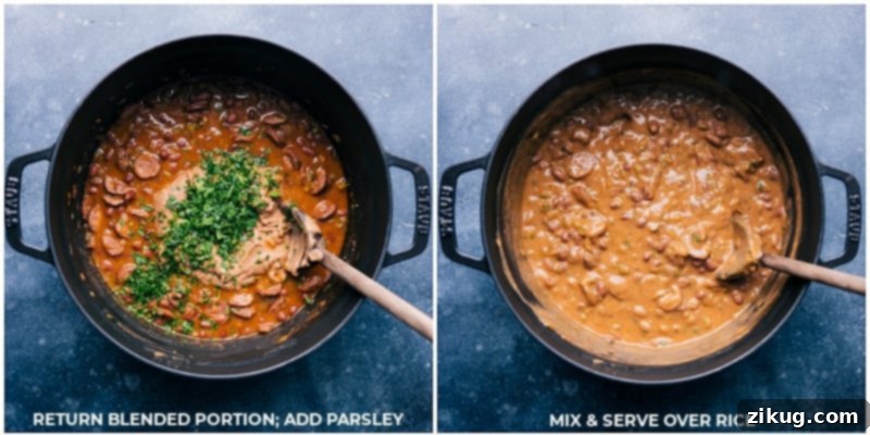 Finishing Touches: Stir in fresh parsley and serve the creamy Red Beans and Rice over perfectly cooked rice, ready to enjoy. Process shots: blended red bean mixture returned to the pot, stirred with fresh parsley, and served hot over fluffy white rice.