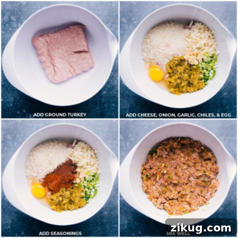 Mixing Ingredients for Green Chile Turkey Burger Patties Step-by-step process of mixing ground turkey with seasonings in a bowl