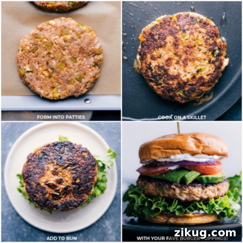 Cooking and Assembling Green Chile Turkey Burgers Process shots: Forming turkey patties, cooking on a skillet, and assembling the burger on a bun with toppings