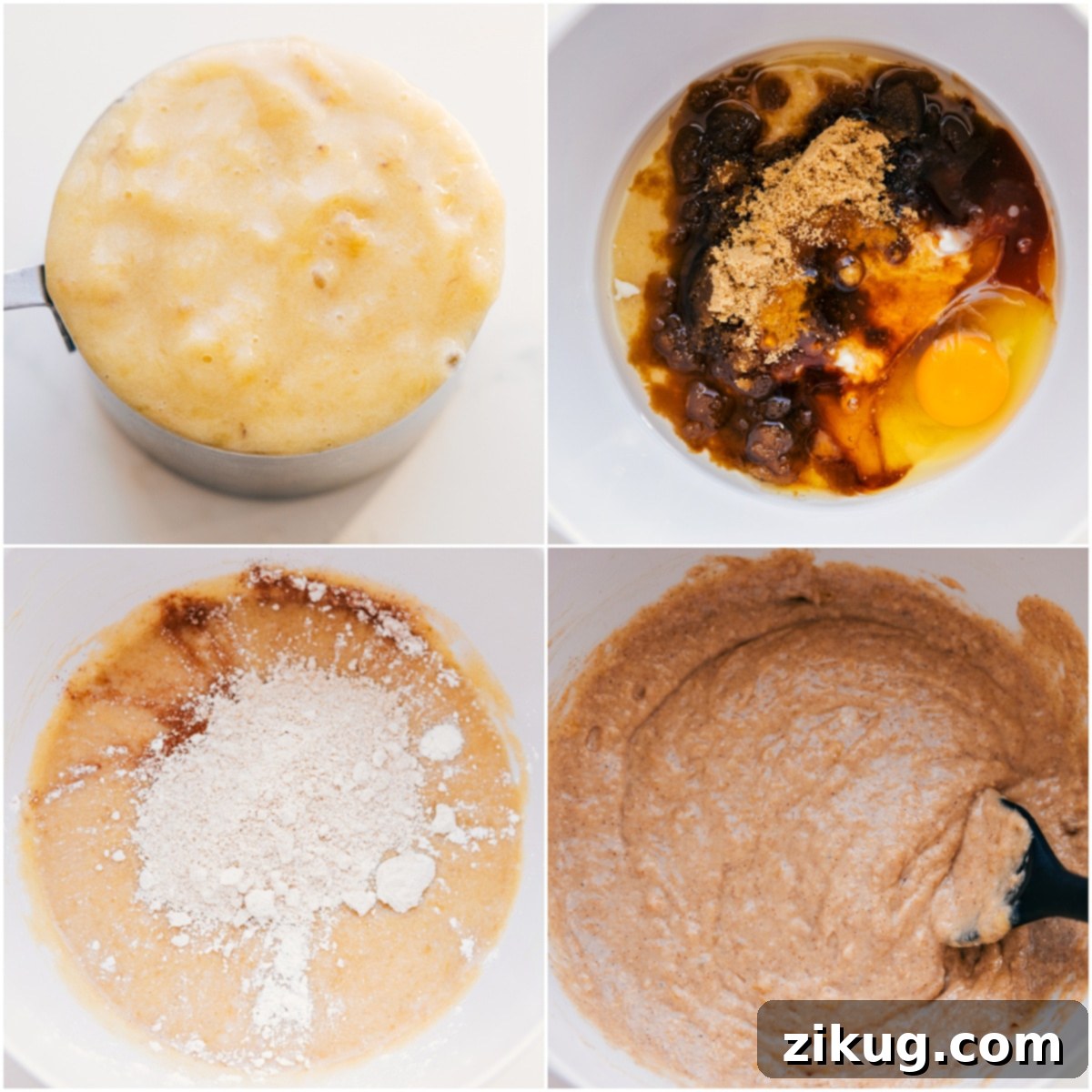 Combining Wet Ingredients for Greek Yogurt Banana Bread Mashed ripe bananas form the smooth base, followed by the careful combination of wet and dry ingredients to create the luscious Greek yogurt banana bread batter.