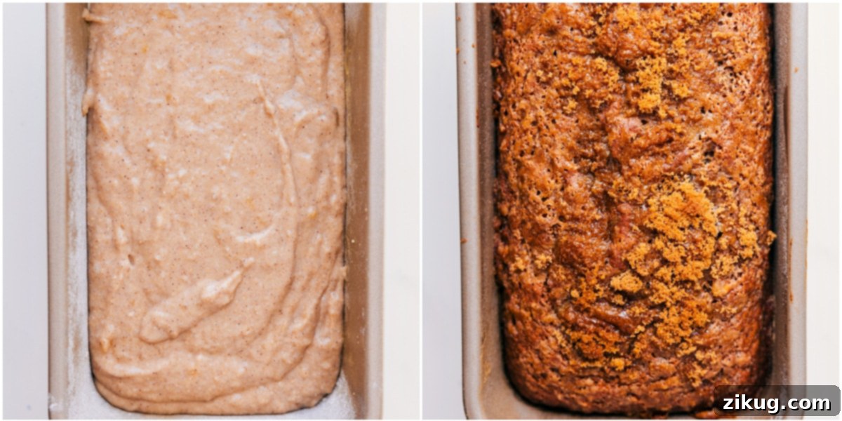 How To Make Greek Yogurt Banana Bread The smooth banana bread batter is gently poured into a perfectly prepared loaf pan, ready for its transformation in the oven into a golden, delicious treat.