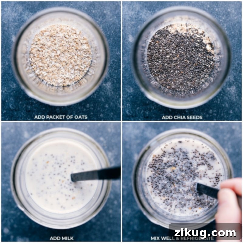 Preparing overnight oats with chia seeds: a simple three-step process for a quick and healthy breakfast. #overnightoats #oats #healthy #breakfast #quick #yummy #chiaseeds #chia #vegetarian Process shots showing how to prepare Overnight Oats with Chia Seeds: a jar filled with dry oats and chia seeds, followed by milk being poured in, and finally the mixture being stirred before refrigeration.