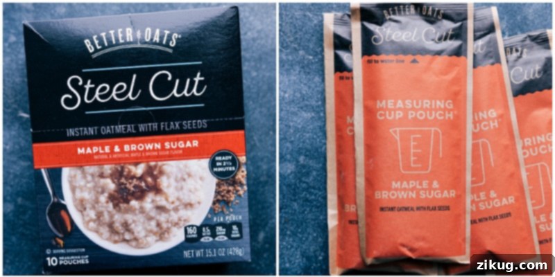 The simplest way to prepare overnight oats: just three ingredients! #overnightoats #oats #healthy #breakfast #quick #yummy #chiaseeds #chia #vegetarian Ingredient shot showcasing a bowl of Better Oats Instant Oatmeal, ready for making overnight oats with chia seeds.
