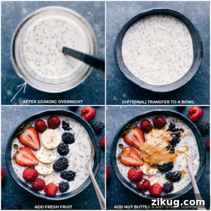 Serving overnight oats: top with fresh fruit and nut butter for a delicious and nutritious breakfast. #overnightoats #oats #healthy #breakfast #quick #yummy #chiaseeds #chia #vegetarian Process shots demonstrating how to serve Overnight Oats with Chia Seeds: after soaking, the thick mixture is transferred to a bowl and garnished with a generous amount of fresh berries, sliced nuts, and a swirl of creamy nut butter.