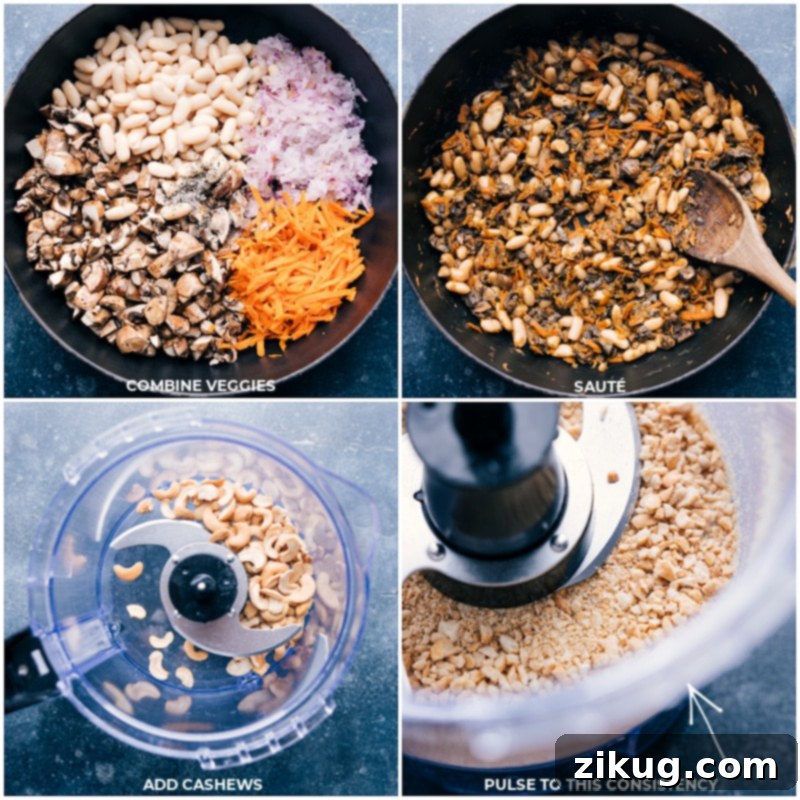 A vibrant display of sautéed vegetables and beans in a skillet, alongside cashews being finely pulsed in a food processor, showcasing the initial steps to crafting homemade veggie burgers.