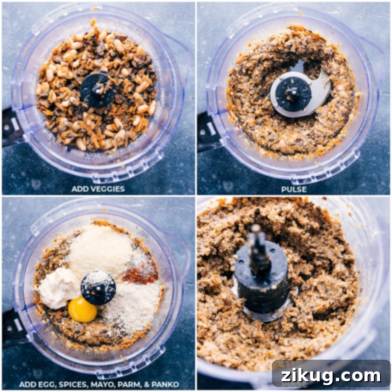 The food processor at work: first, cashews are ground, then combined with sautéed vegetables and pulsed. Next, eggs, spices, mayo, cheese, and panko are added for another pulse, followed by cooked rice, creating the perfect mixture for forming delicious veggie burgers.