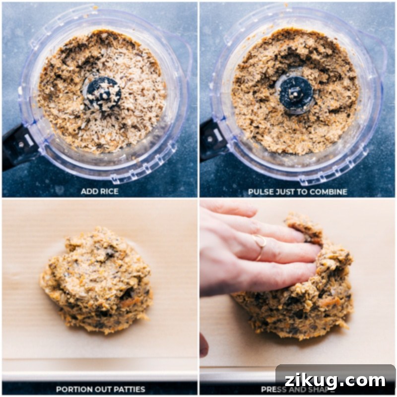 The final step of shaping veggie burgers: cooked rice is added to the pulsed mixture in the food processor, then portions are carefully formed into thick, round patties on a parchment-lined sheet pan, ready for chilling and cooking.