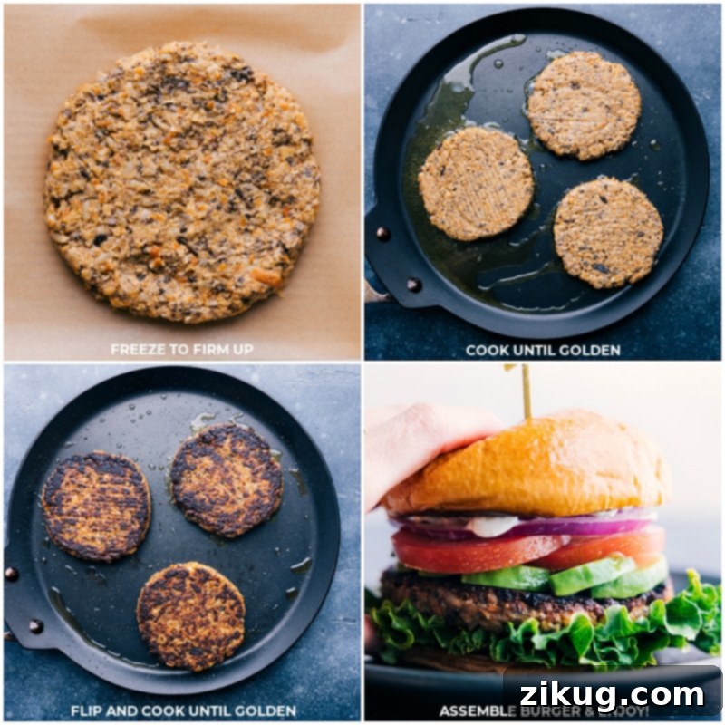 The final stages of making the best veggie burger: patties are cooked until golden and flipped, then assembled with fresh lettuce, creamy avocado, juicy tomatoes, and a soft bun, ready to be enjoyed.