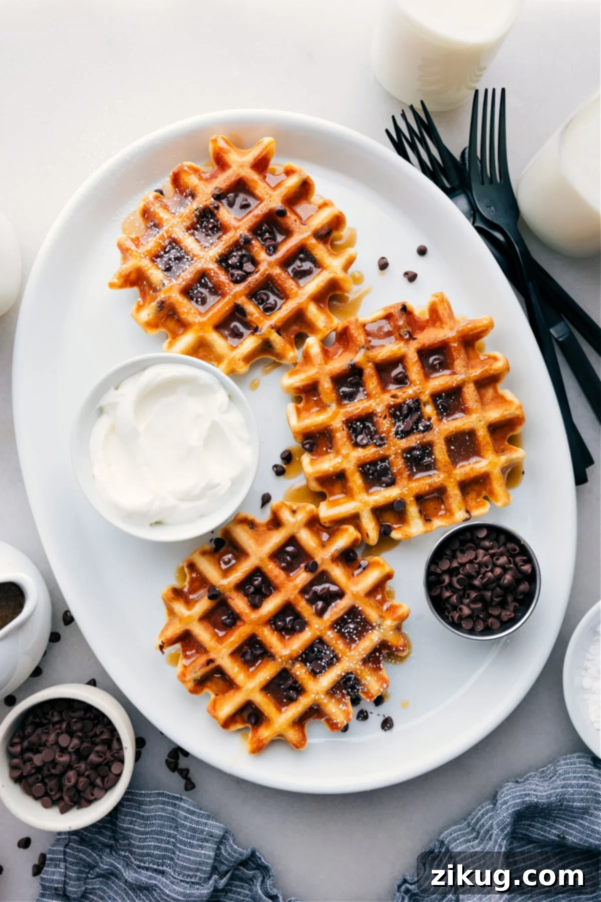 Chocolate Chip Waffles Recipe on a platter.