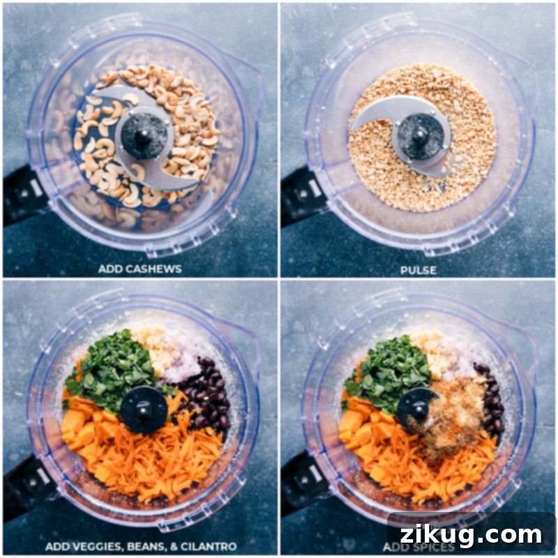 These Sweet Potato Black Bean Burgers are insanely good! Recipe via ChelseasMessyApron #dinner #quick #easy #simple #best #veggies #familyfriendly #kidfriendly #sweetpotato #blackbean #burger Process shots showing various ingredients like cashews, vegetables, beans, cilantro, and spices being added to a food processor, highlighting the ease of preparation for the Sweet Potato Black Bean Burgers.