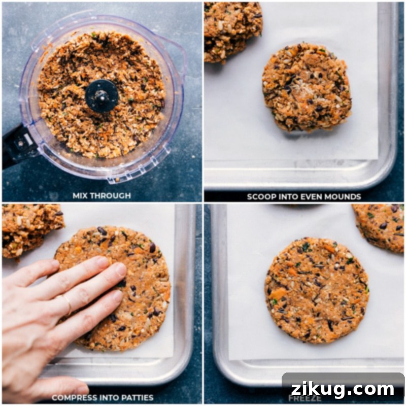 Sweet Potato Black Bean Burgers are insanely good -- they're robustly flavored, thick & hearty (without being soggy!), and easy to make thanks to a few short-cuts. Recipe via ChelseasMessyApron #dinner #quick #easy #simple #best #veggies #familyfriendly #kidfriendly #sweetpotato #blackbean #burger Process shots illustrating the forming and freezing of the Sweet Potato Black Bean Burger patties, demonstrating the crucial step for ensuring they hold their shape during cooking.